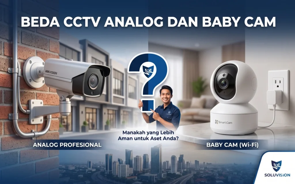 Ilustrasi beda CCTV analog dan baby cam untuk sistem keamanan properti di Bandar Lampung